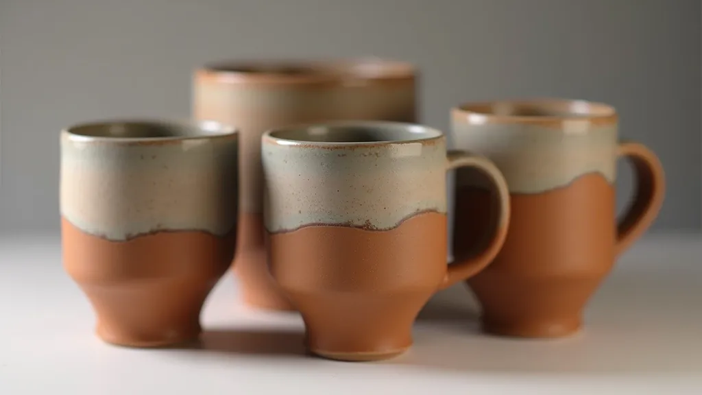 Kamenina hrníčky s glazovanou glazurou v šedé a teplé terracottě